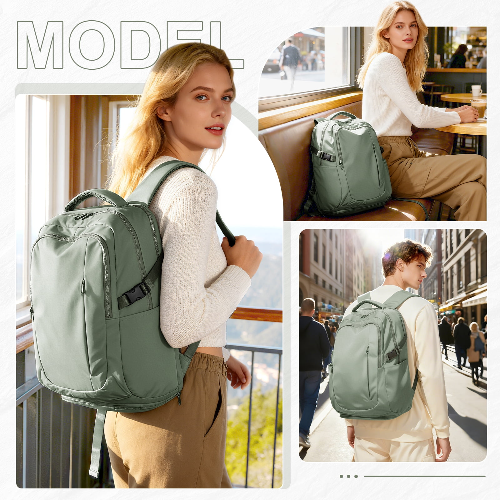 SYCNB Waterproof Lightweight Travel Backpack for Women, Laptop Backpack with Charging Port for College Student, Airline-Approved Carry On Backpack, Personal Item Travel Bag with Shoe Pouch Gray Green