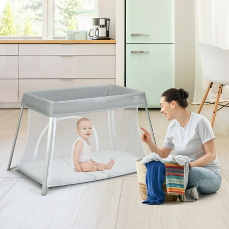 Gymax Gray Foldable Baby Playpen Playard Lightweight Crib w/ Carry Bag For Infant, Unisex