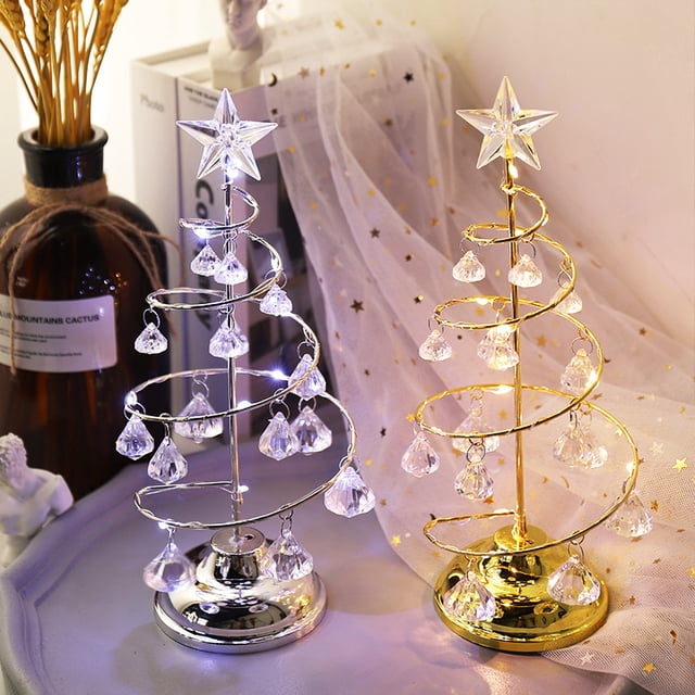 Adornos navideños regalo chapado árbol de hierro forjado LED cristal luminoso árbol de Navidad adornos de mesa de cristal luz de noche