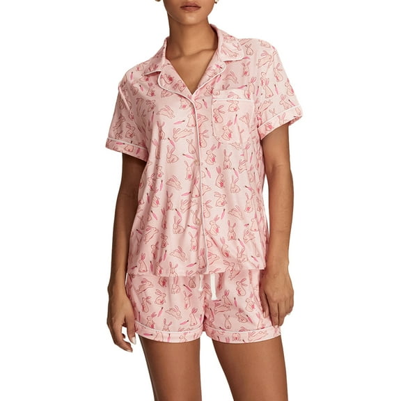 Michellecmm  Women 2 Piece Pajama Set Bunny Print Button T-Shirt and Elastic Shorts