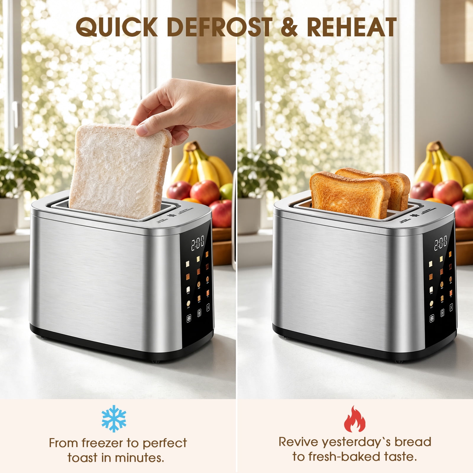 ONSON 2 Slice Toaster, LED Touchscreen, Stainless SteelWide
