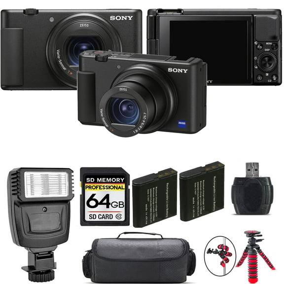Sony ZV-1 Digital Camera (Black)   Extra Battery   Flash - 64GB Kit (International Version)