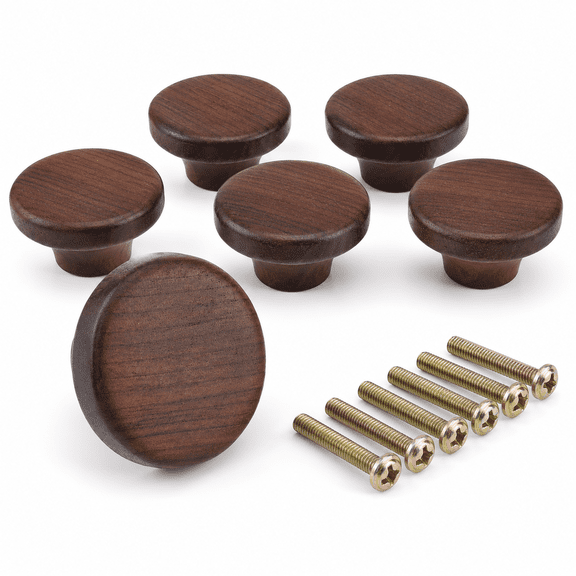 ABCISI 6 Pcs Wooden Cabinet Knobs, 1.56 Inch Round Walnut Drawer Knobs with 6 Screws, Single Hole Furniture Handles for Dresser, Wardrobe, Cabinets and Drawers,Walnut