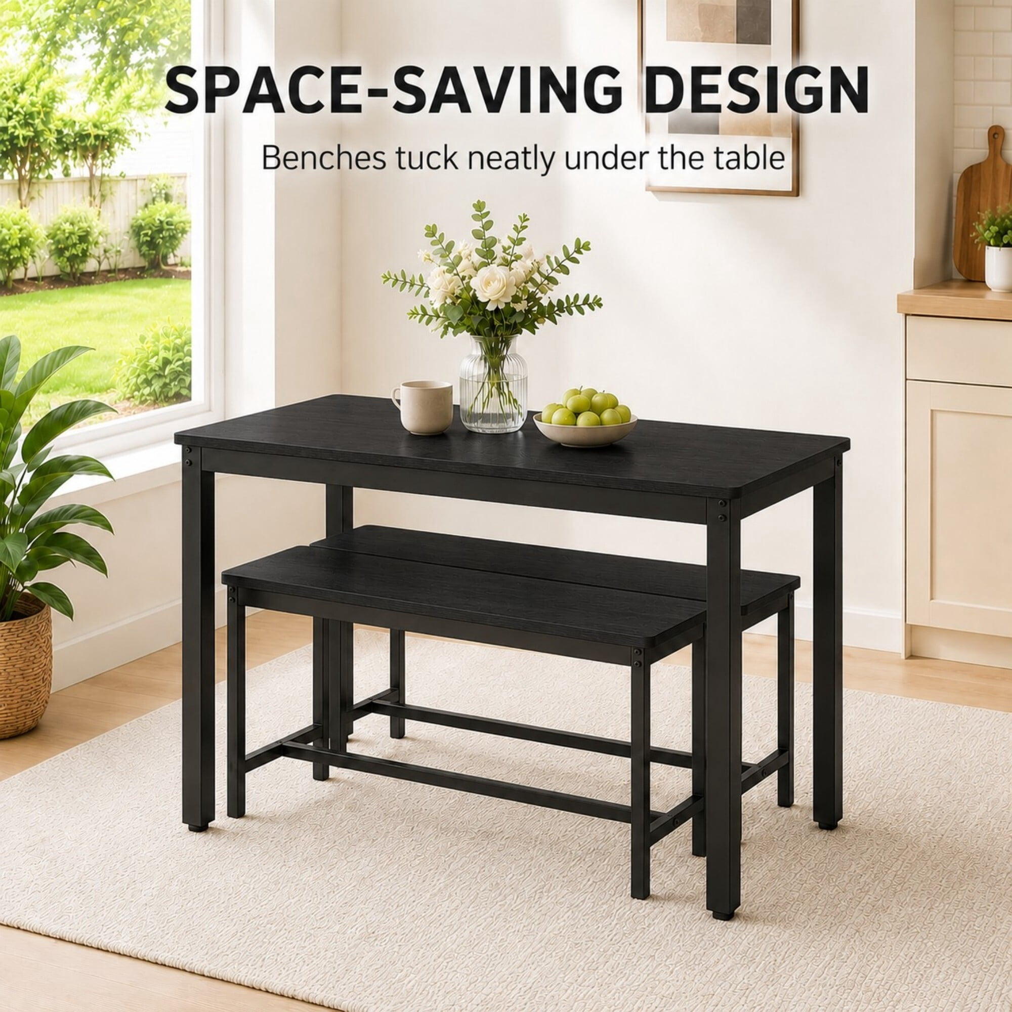 DEALTOPS 3-Piece Industrial Dining Table Set with 2 Benches – Compact Kitchen & Small Space Furniture, Black