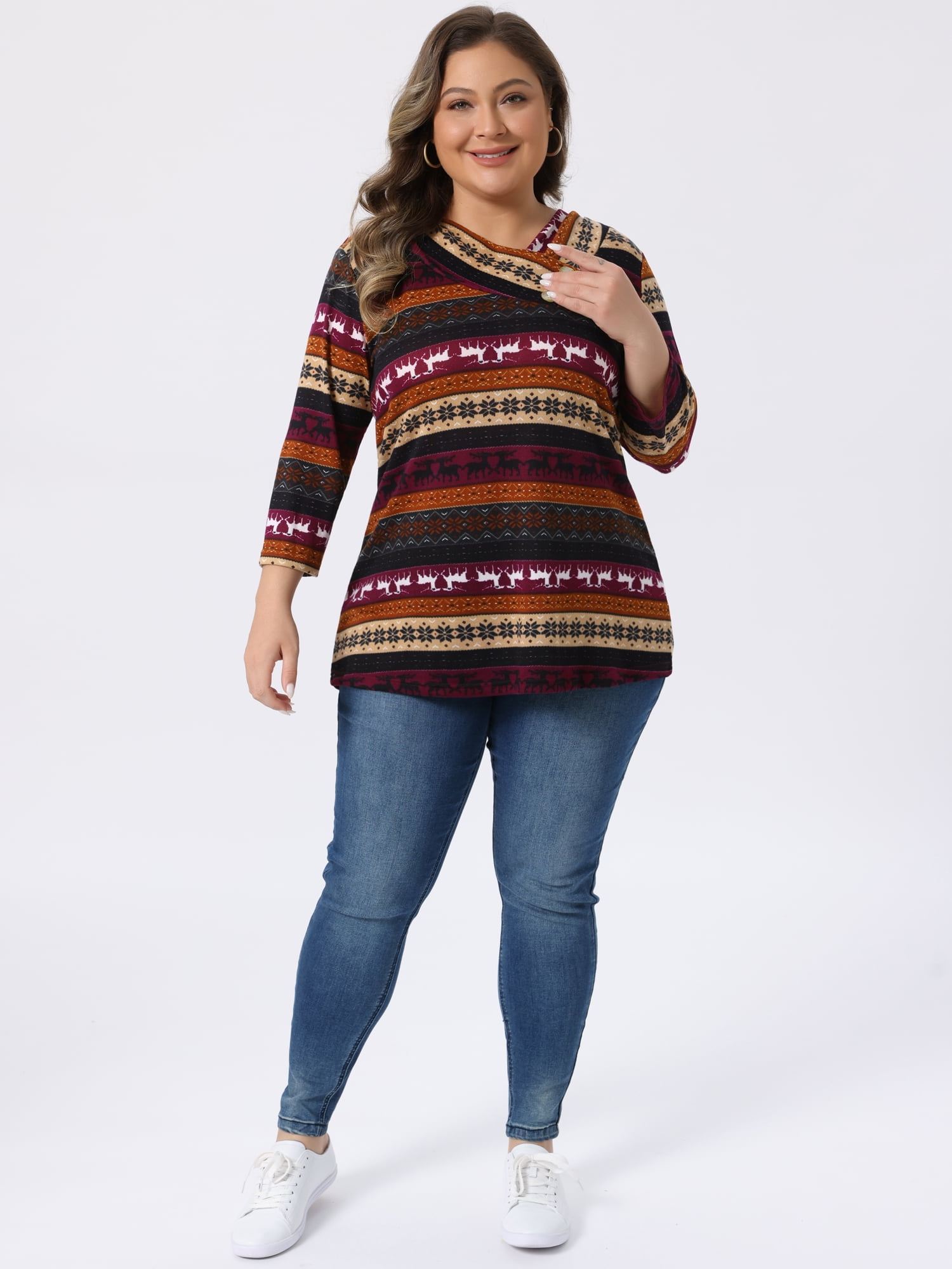 DARING DIVA Women's Plus Tunic Top V Neck Stripe Boho Knit Blouse 4X Burgundy Brown