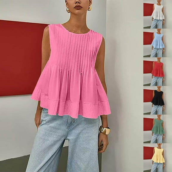 FRSASU Womens Summer Pleated Peplum Sleeveless Blouse Tank Tops Solid Round Neck Shirt Yellow XS(XS)