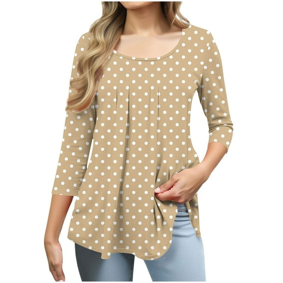 Zedker Women'S Casual Ruffle Detail T-Shirt, 3/4 Sleeve Soft Stretch Pullover Tops With All-Over Printed And Round Neck, Loose Womens Blouses,Khaki,XXL