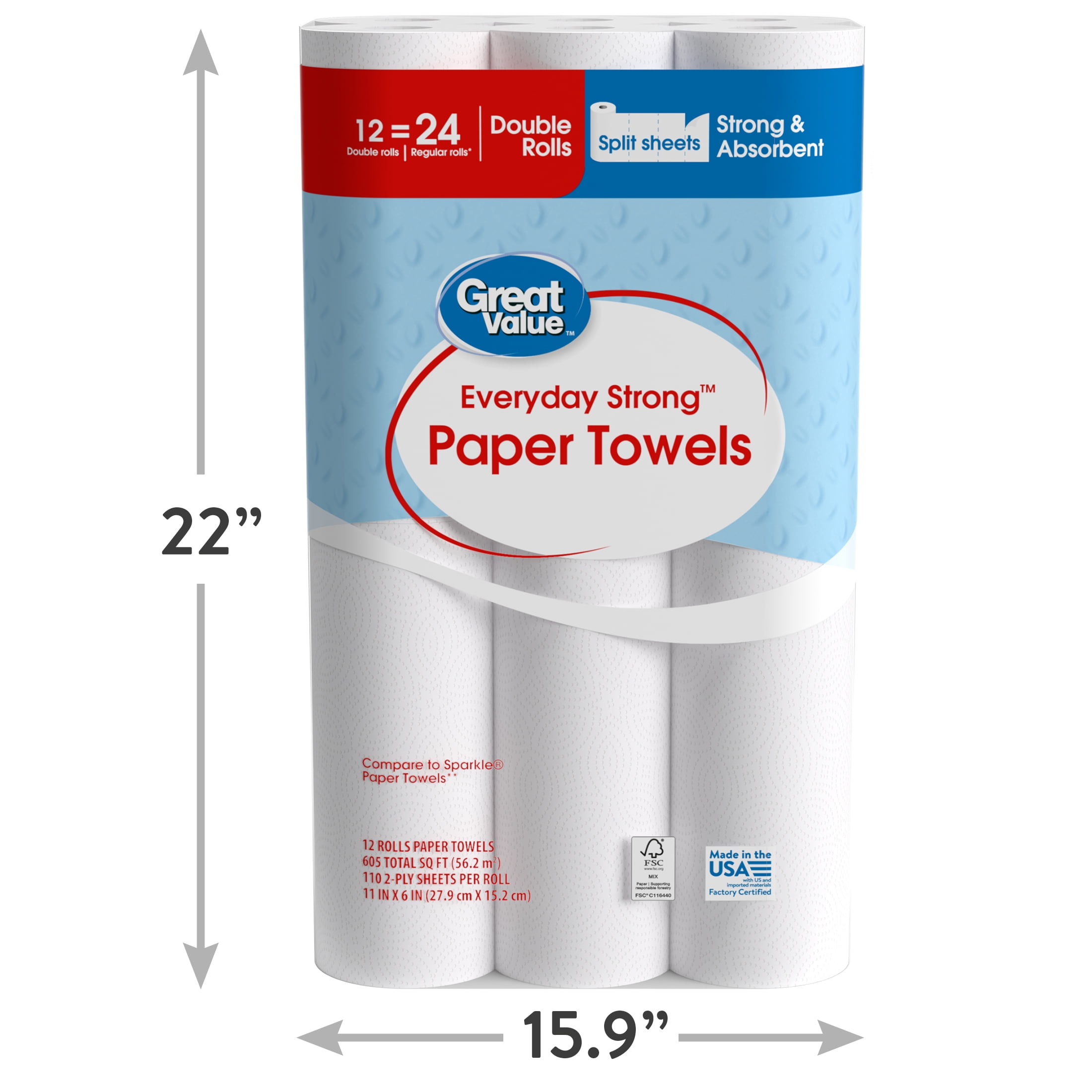 Great Value Everyday Strong Paper Towels, 12 Double Rolls