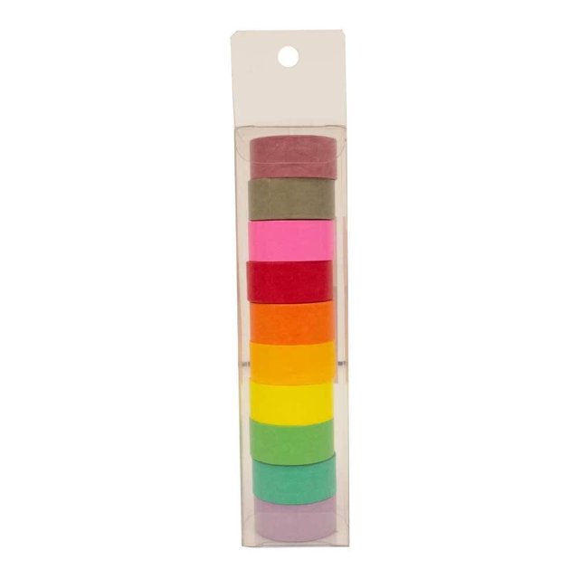 cintas adhesivas pen + gear de papel varios colores 10 piezas, empaque transparente con 10 rollos apilados en vertical en tonos variados (lila, verde menta, verde, amarillo, naranja, rojo, fucsia, rosa palo, café claro) ideal para decorar y organizar agendas, cuadernos y proyectos DIY; también suelen usarse para etiquetar y marcar páginas.