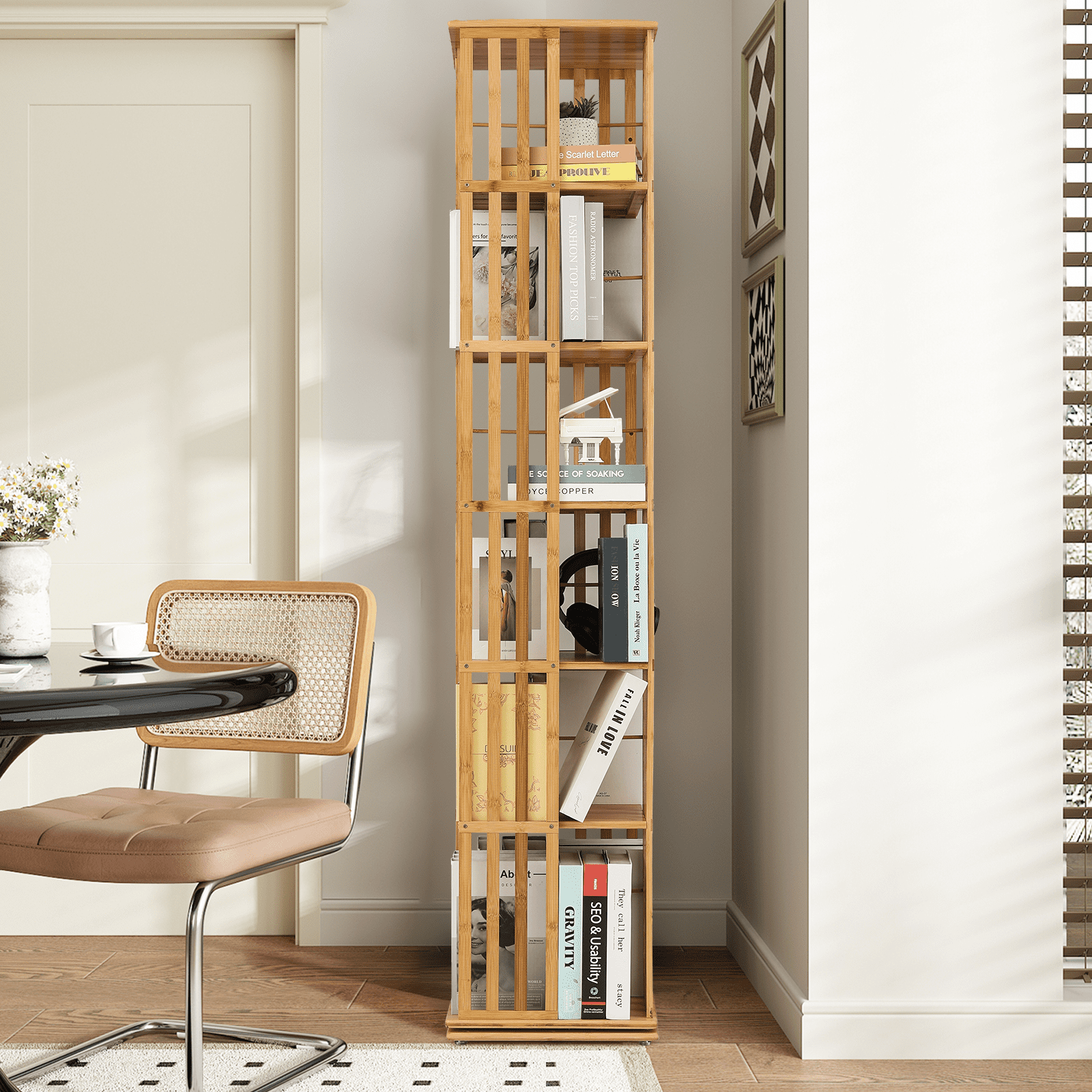 MoNiBloom Bamboo Rotating Bookshelf 360 Degrees, 6-Tiers Free Standing Revolving Bookcase, Storage Rack for Home, Study, Office, Natural