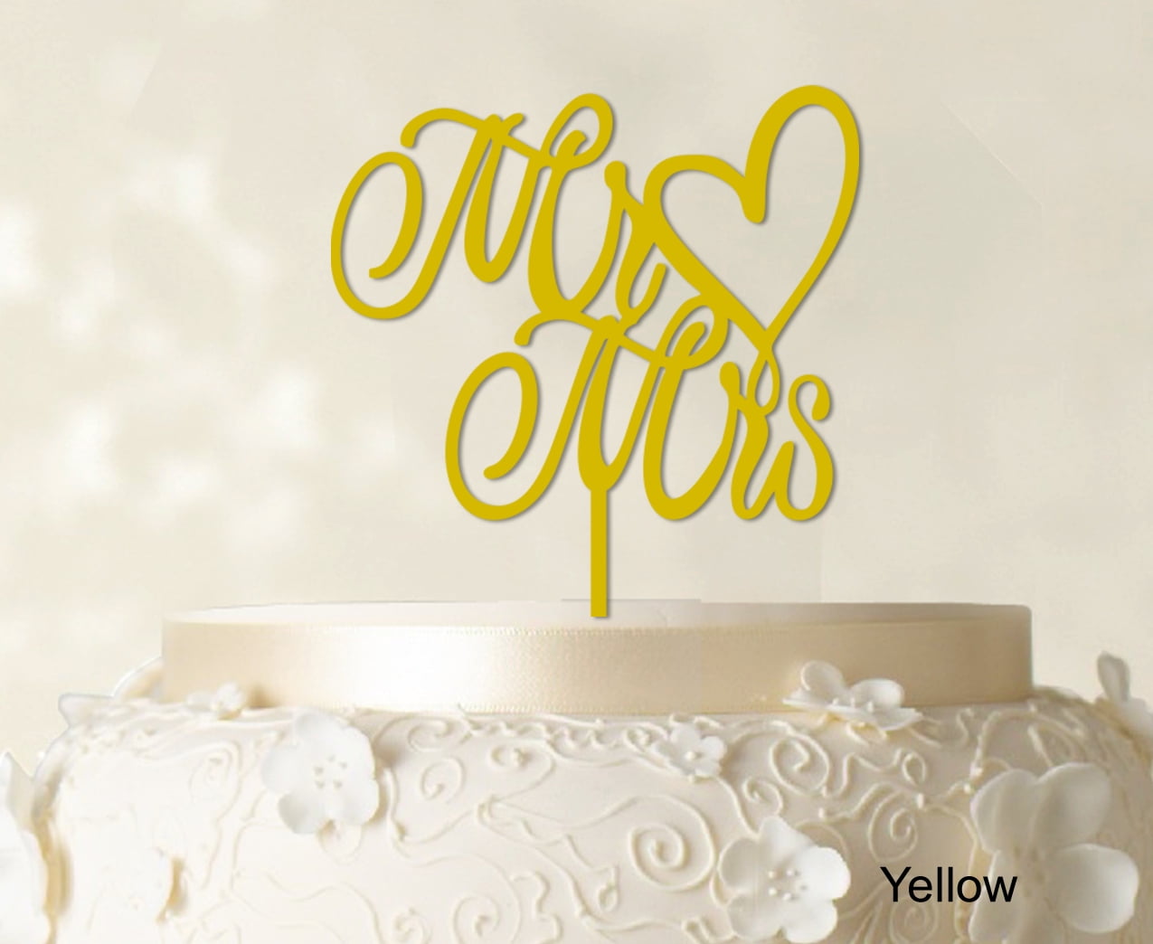 "Mr & Mrs Wedding Cake Topper Custom Yellow Cake Topper Color Option