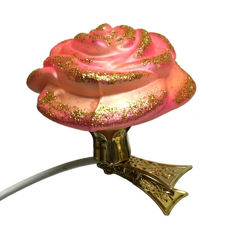 Pink and Gold Rose Clip on Flower Polish Glass Christmas Tree Ornament