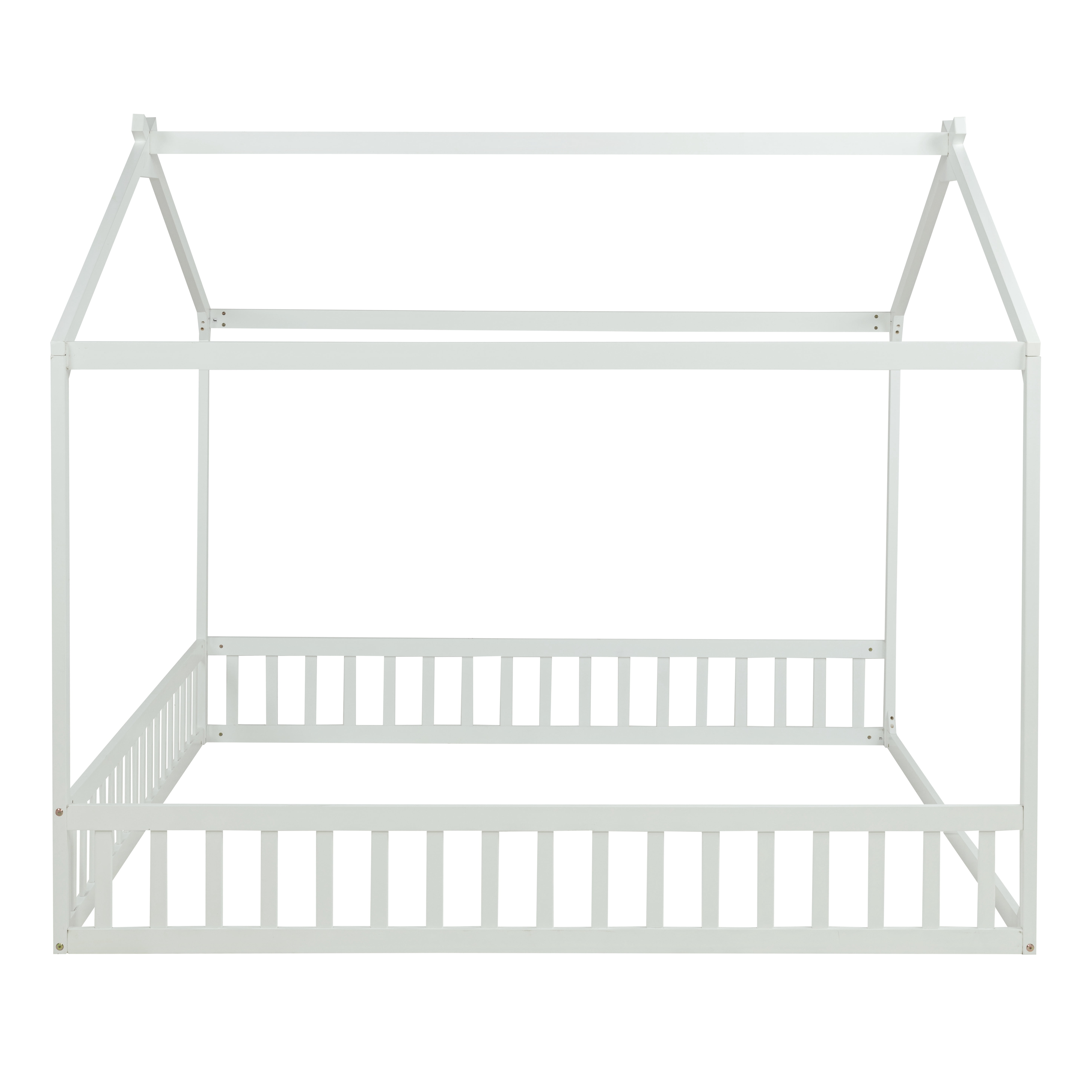 Double Twin House-Shaped Floor Bed with Safety Guardrails, without door, White