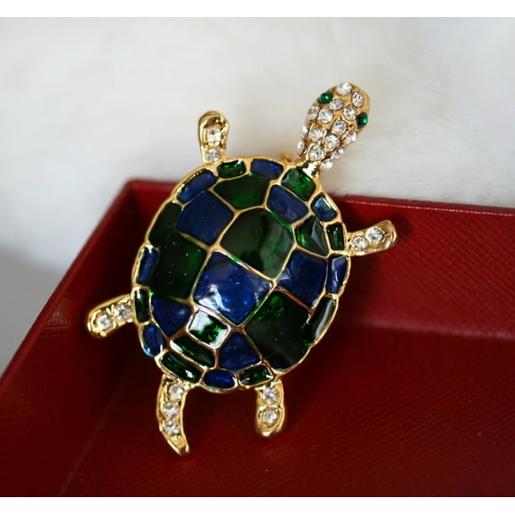 Blue and Green Enamel Rhinestone Turtle Brooch Pin Sea Turtle Jewelry