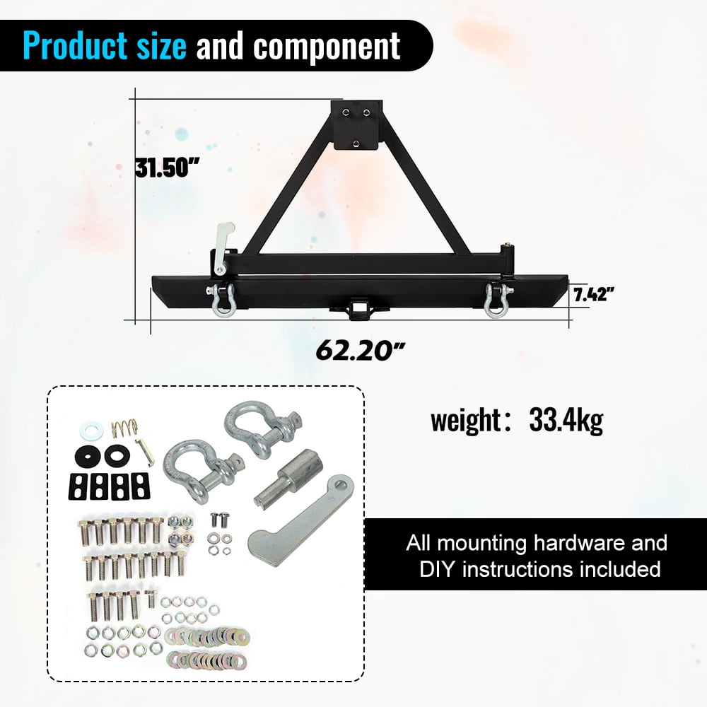 KOJEM Rear Bumper, Fit for 1987-2006 Jeep Wrangler TJ YJ LJ, Off-Road W/Tire Carrier&D-Rings