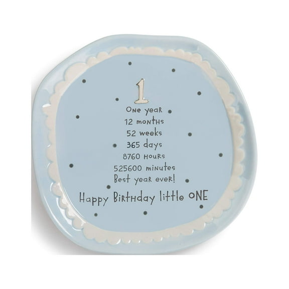 DEMDACO Happy Birthday Little One Blue Polka Dot 7 x 7 Circle Stoneware One Year Cake Dessert Plate