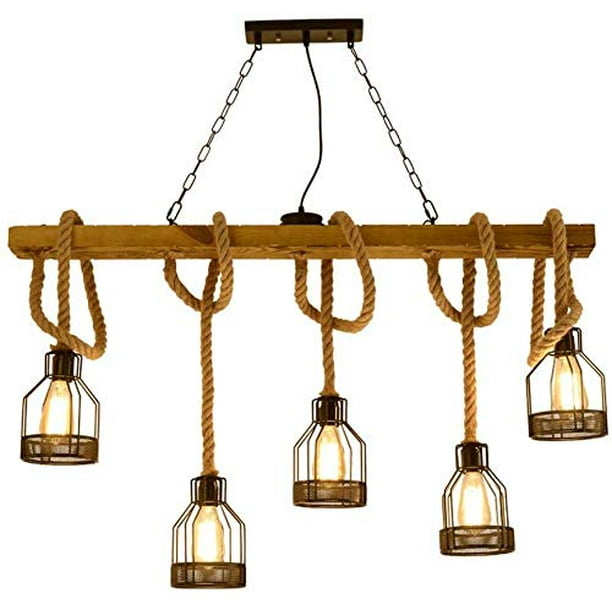 Led 5 Head Solid Wood Hemp Rope Chandelier Rustic Iron Candlestick Pendant Lamp Round Hanging Cage E27 Bulbs Com - Candlestick Pendant Lamp