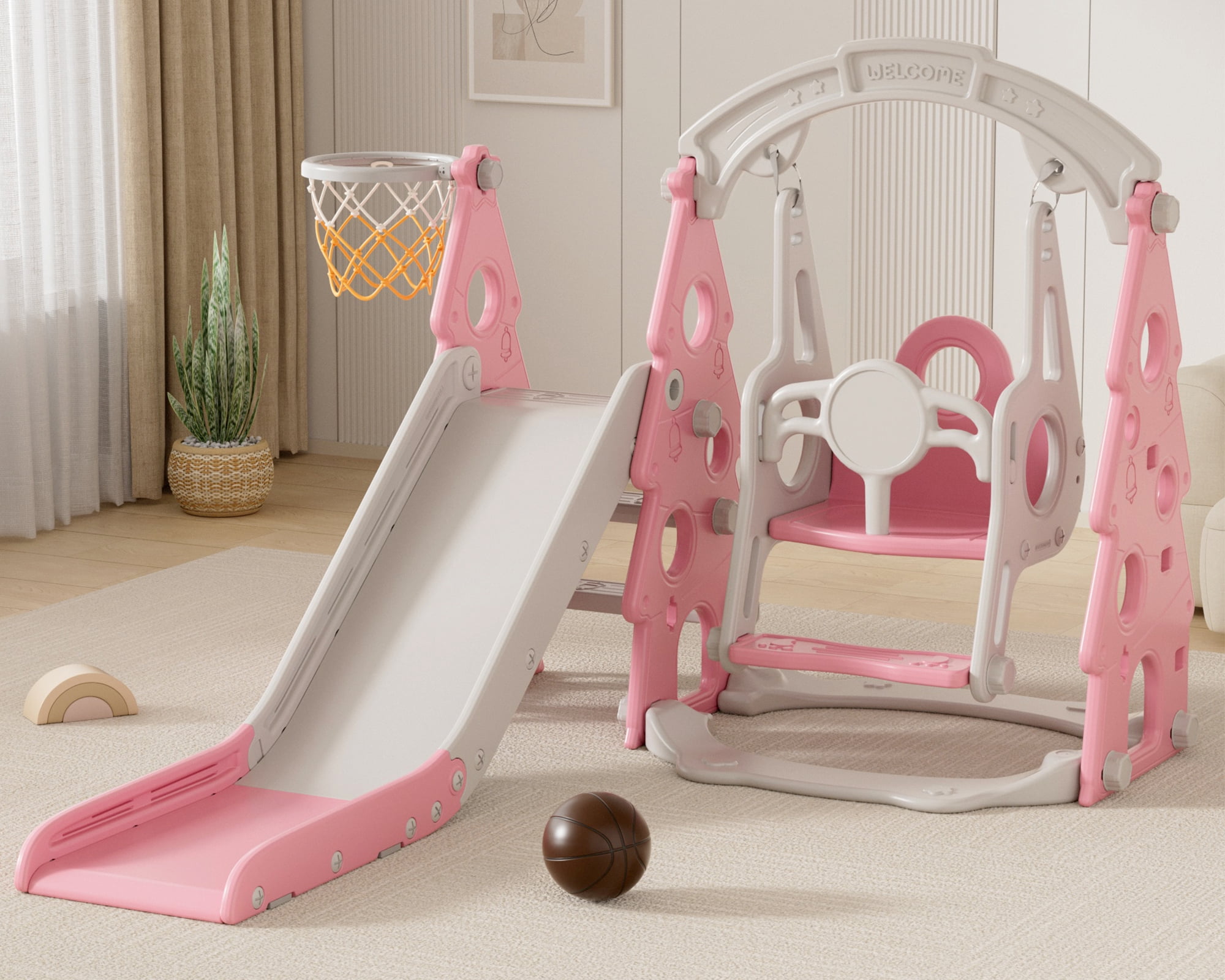 XJD 4-in-1 Toddler Slide and Swing Set, Kids Indoor Outdoor Playset with Basketball Hoop, Backyard Playground for Toddlers 1-3 Years Old, Pink
