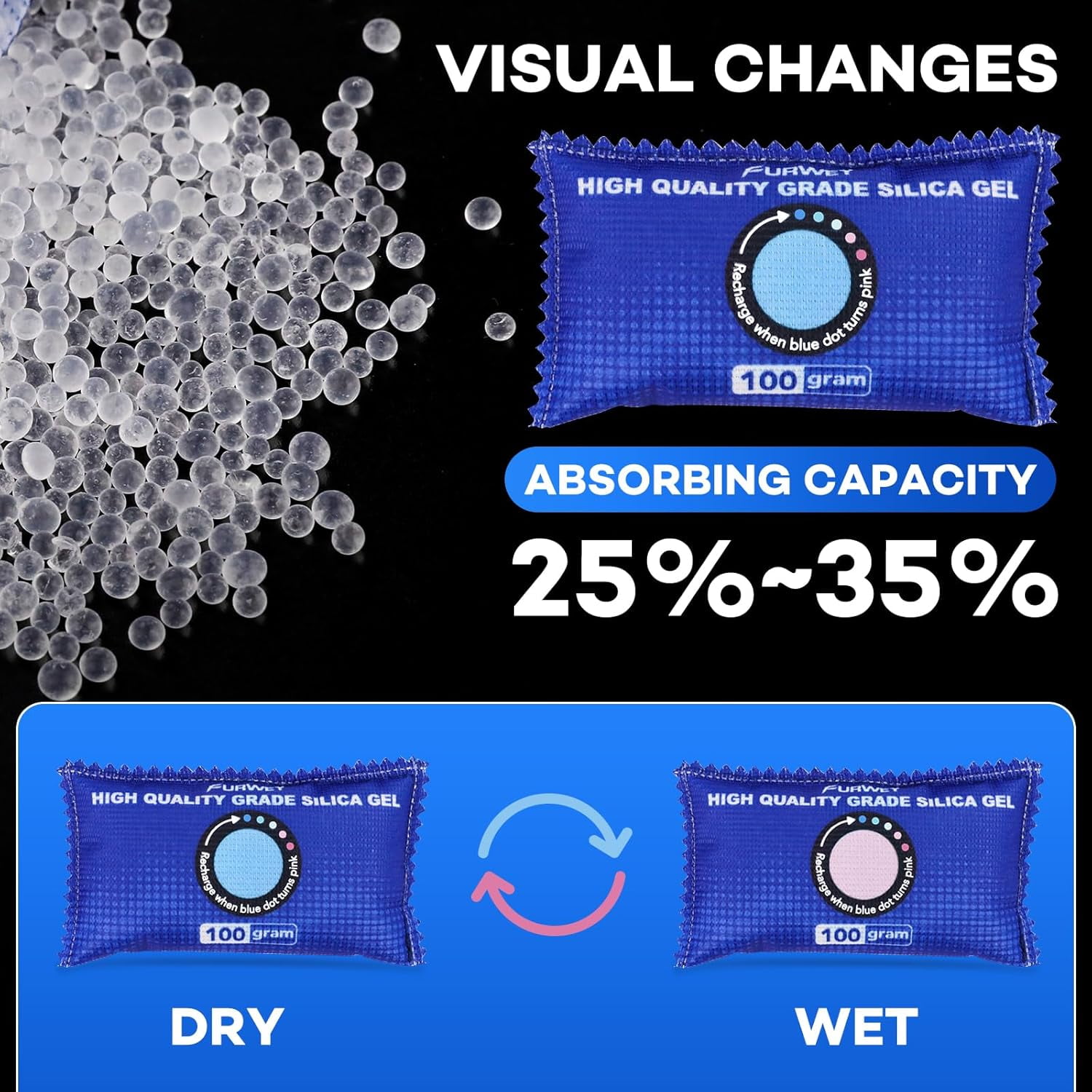 100g [ 6 Packs] Rechargeable Desiccant Packs for Storage, Color Indicating Silica Gel Packets, Moisture absorbers storage, Dehumidifier bag Closets