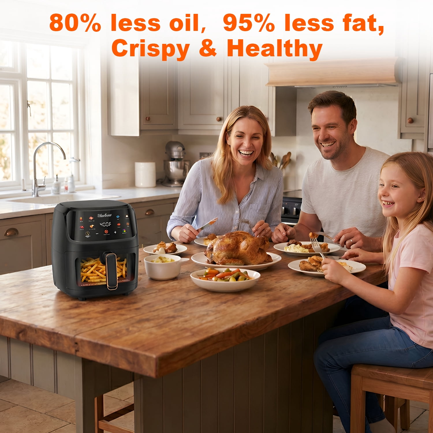 Bluebow Air Fryer, 7.5 Quart Large Capacity, 8-in-1 Multifunctional Cooker with Digital Touchscreen, Easy-View Window, Non-Stick Basket, Black