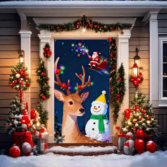 Antqov Christmas Door Cover 71x35" Merry Christmas Welcome Door Decoration Santa Claus Snowman Banner Backdrop Cover Xmas Christmas Decorations for Xmas Holiday Party Home Supplies