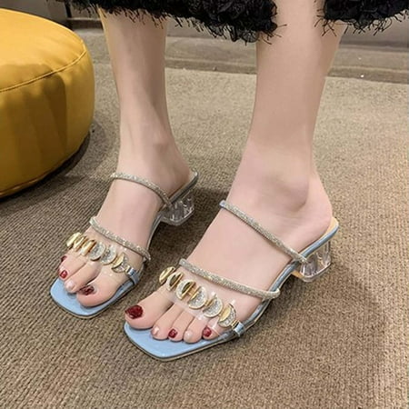 

Womens Open Toe Sandals- One-line Middle Heel Solid Color Dressy Casual Sandals Blue Size 7