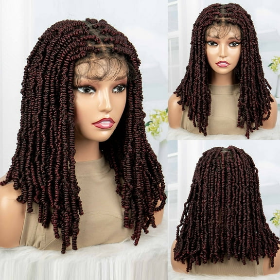 Twist Braided Wigs Full Double Lace Handmade Short Knotless Box Braids Wigs for Women 16 Inches Synthetic Lace Front Black Bob Braid Hair Wigs with Baby Hair (1B/BUG Color)