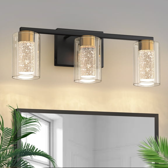 YANSUN 18 in 3-Light Black and Gold LED Bathroom Vanity Light, Warm to Cool Lighting with Clear Glass for Mirror, for Bathrooms, Powder Rooms, or Vanity Nooks