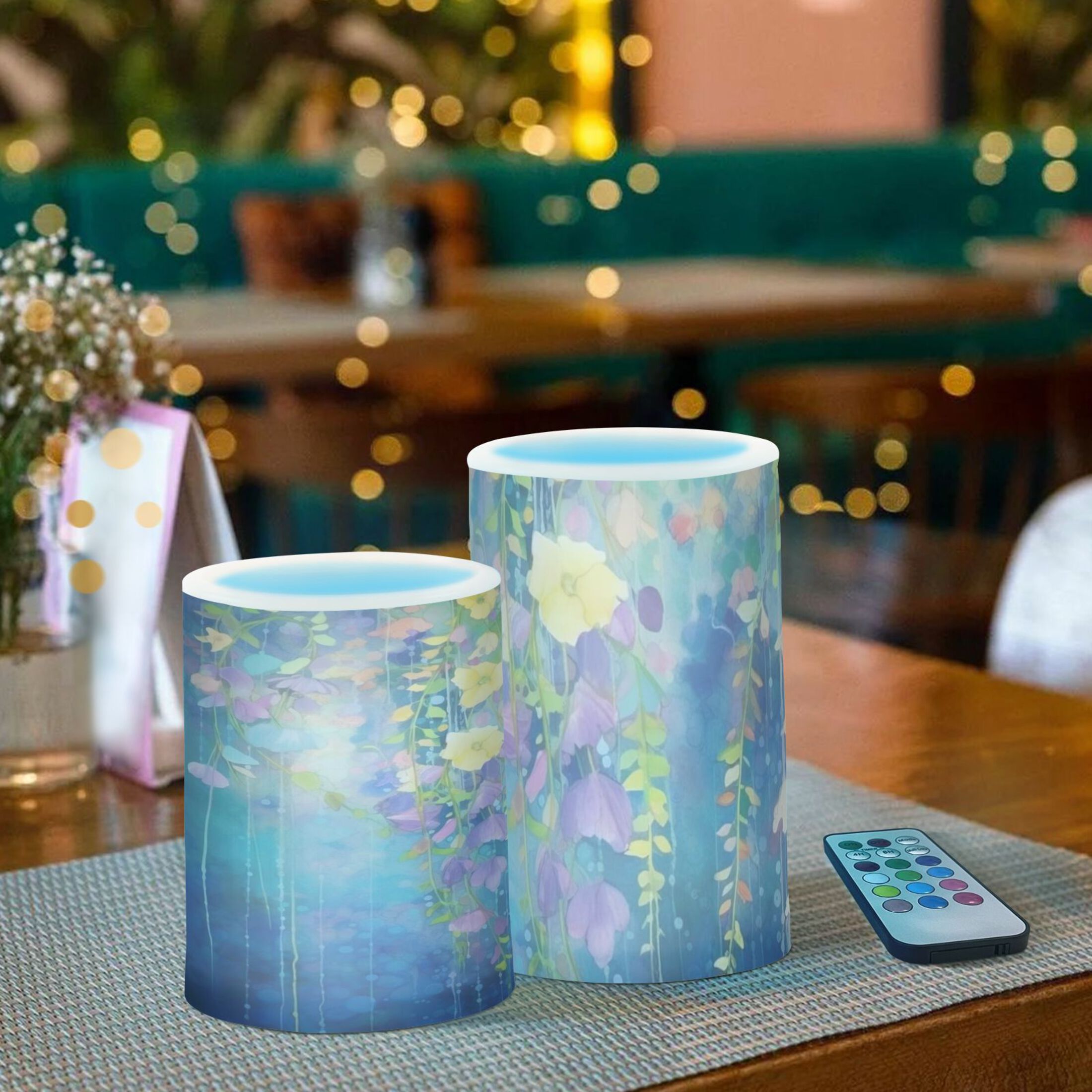 Garden Wildflower Flickering Flameless Candles Battery Operated with Remote Timer LED Pillar Candles Set of 2