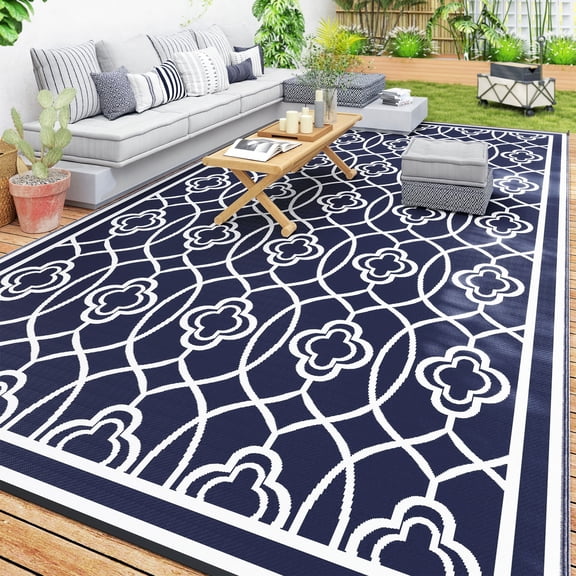 Homiyad Reversible Outdoor Rug, Waterproof Plastic Straw with Carry Bag, 9' x 18', Blue & White Lantern