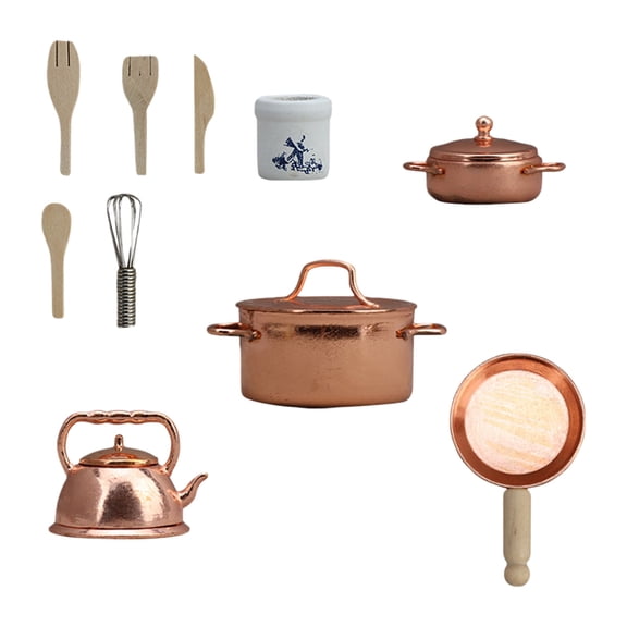 1/12 Scale Miniature Kitchen Cookware Set Realistic Metal Utensils With Wooden Handle For Miniature Home Displays
