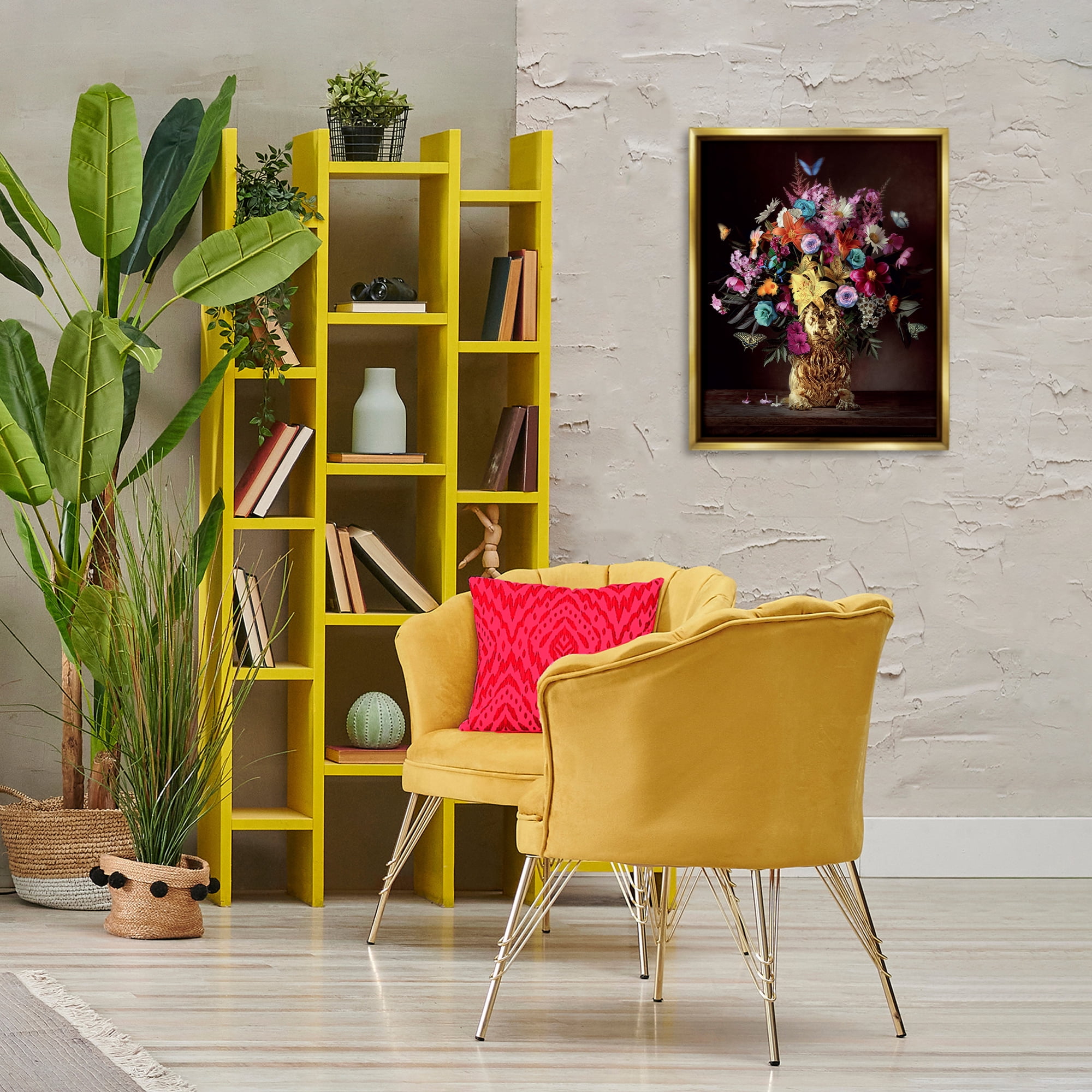 Stupell Industries Bouquet in Dog Vase Plants & Flowers Painting Gold Floater Framed Canvas Art Print Wall Art, 17 x 21