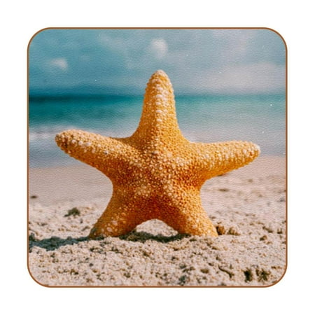 

OWNTA Beach Background with Starfish Pattern Premium 6-Piece Square Coaster Set in Microfiber Leather - Non-Slip & Absorbent Cup Mats