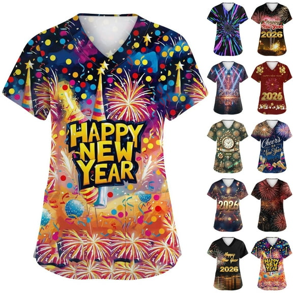 Garbnen Happy New Year Print Womens Scrubs Tops Plus Size Stretch V Neck Short Sleeve Women's Shirts Xmas Valentine's Day Holiday Prints Nurse Working Uniforms