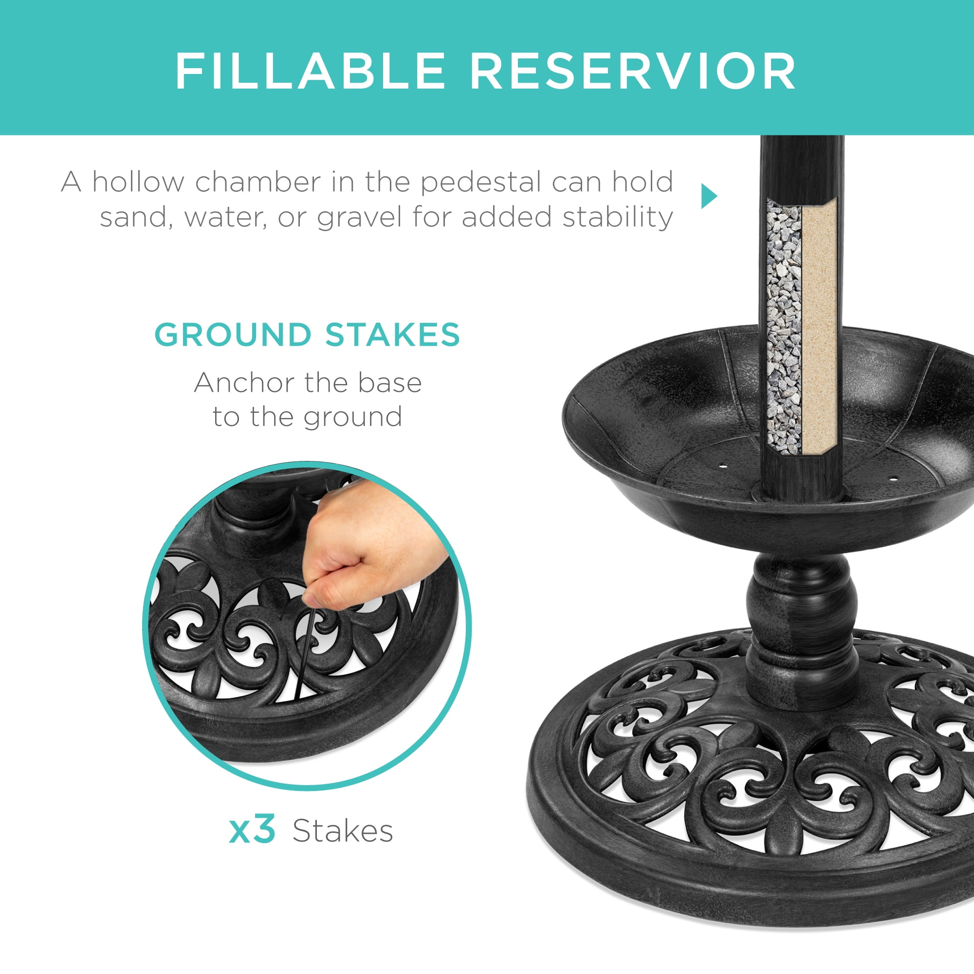 Best Choice Products Solar Lighted Pedestal Bird Bath w/ Planter, Integrated Panel - Black