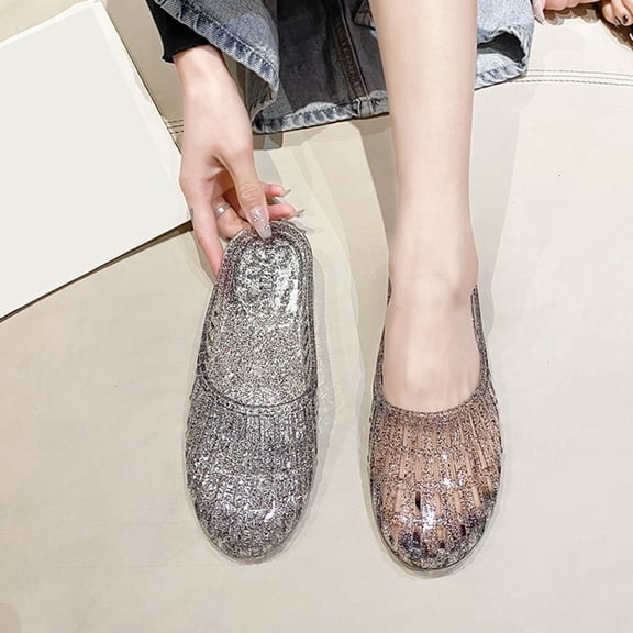 HOWPAY Slippers for Women Glitter Clear Flats Hollow out on Sandals Summer Beach Jelly Shoes Transparent Closed Toe Casual Slide Black 36