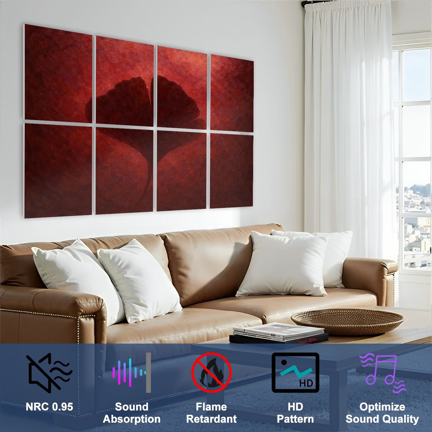 Rustic Farmhouse 8 Pack Art Acoustic Panels Sound Absorbing Burgundy metallic acrylic watercolor marble shiny Decorative Soundproof Wall Panels Self Adhesive for Nursery Game Room Bedroom 48"x32"