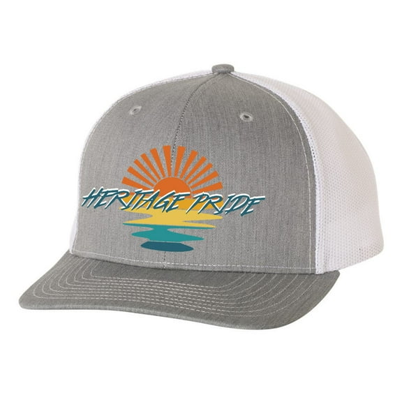 Heritage Pride Retro Sunset Mens Embroidered Mesh Back Trucker Hat, Heather Grey/White