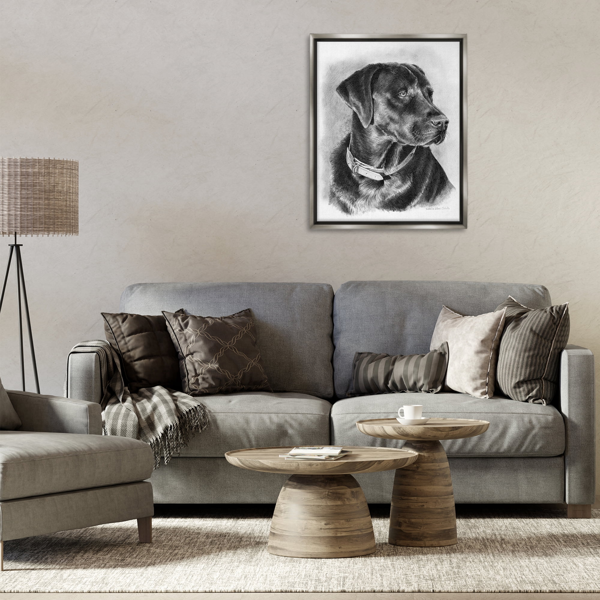 Stupell Industries Black Lab Drawing Animals & Insects Drawing Gray Floater Framed Canvas Art Print Wall Art, 25 x 31