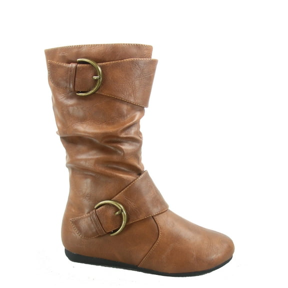 Klein-80k Girls Kid's Causal Round Toe Flat Heel Buckles Zipper Slouchy Mid Calf Boots Shoes ( Tan, 10 )