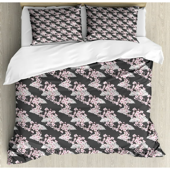 Japanese Duvet Cover Set Queen Size, Branches of Sakura with an Abstract Greyscale Background Foliage Items, Decorative 3 Piece Bedding Set with 2 Pillow Shams, Magenta Grey and White, by Ambesonne