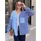 thumbnail image 5 of Blusa Informal de Larga con Cuello en V, A Rayas y Lazo Frontal para Mujer, con Patchwork y Bloques de Color Azul S, 5 of 9