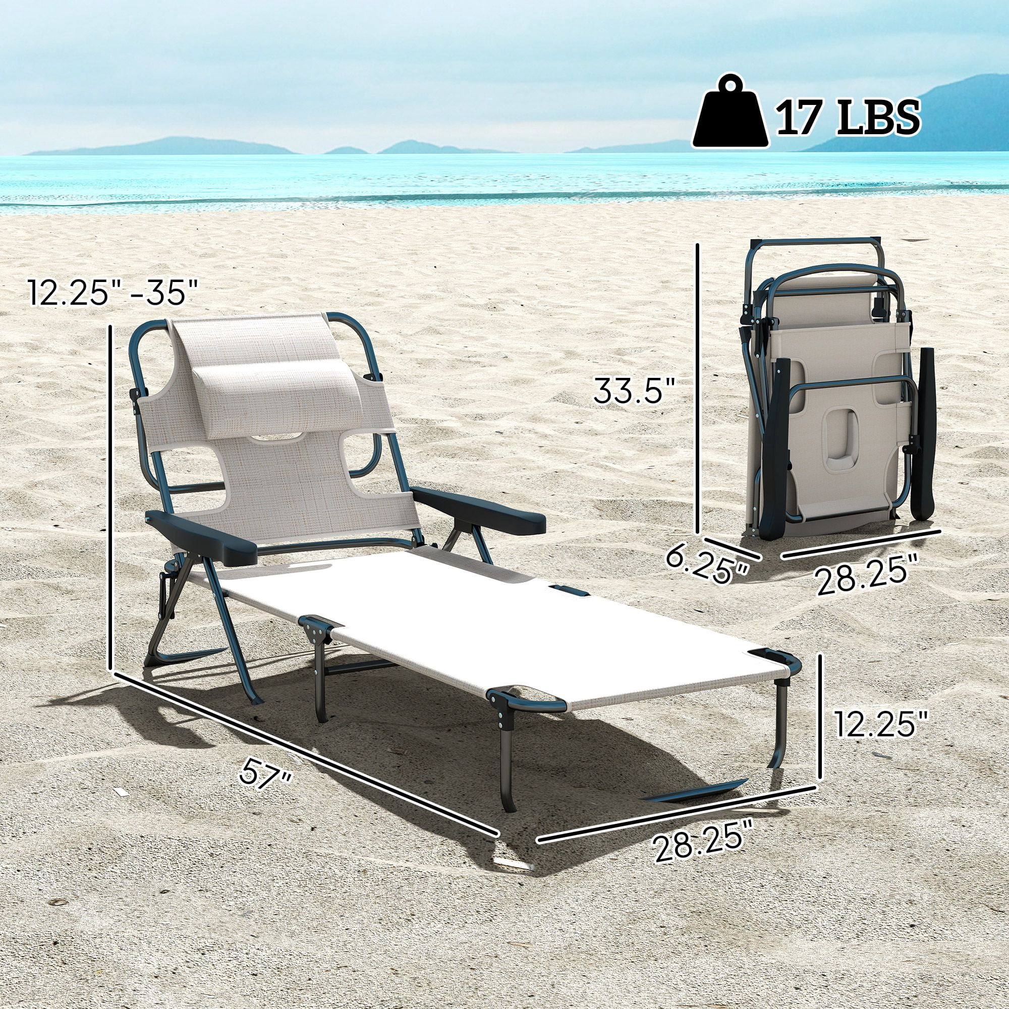 Folding Tanning Chaise Lounge Chair with Face Hole & Pillow, 4-Position Reclining Mesh Sun Lounger, Powder Coated Steel 264lbs Capacity Portable Outdoor Beach Pool Patio Chair Black Cream White