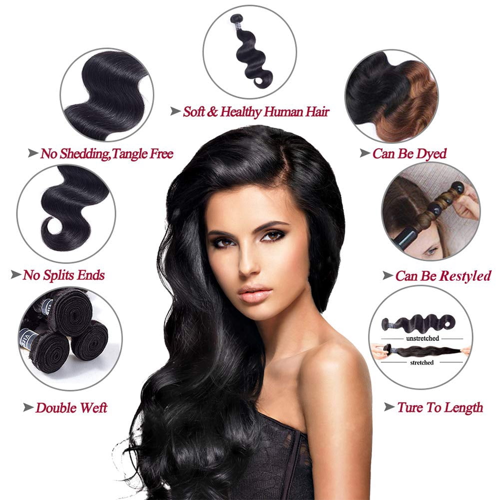 Brazilian Virgin Human Hair Extensions 3 Bundle Body Wave Hair Wave Weft Black Women 10A Grade(16"18"20")