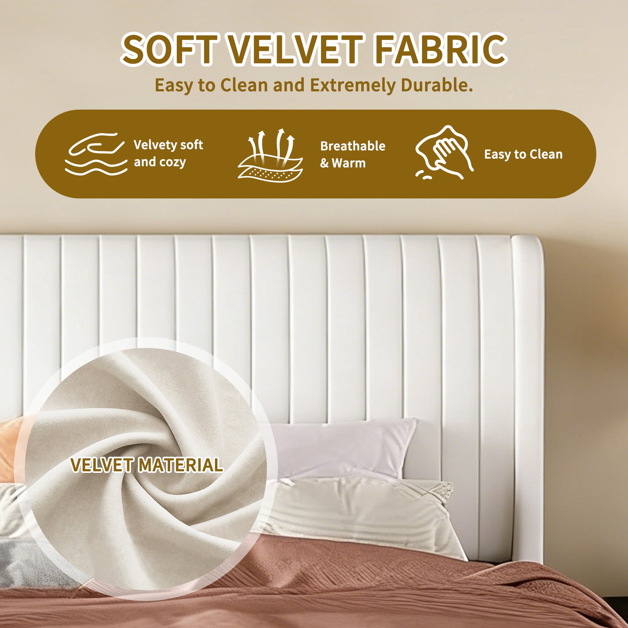 Velvet Queen Bed Frame with Vertical Channel Tufted Wingback Headboard – Upholstered Platform Bed, No Box Spring Needed, Strong Wooden Slats, Easy Assembly, White
