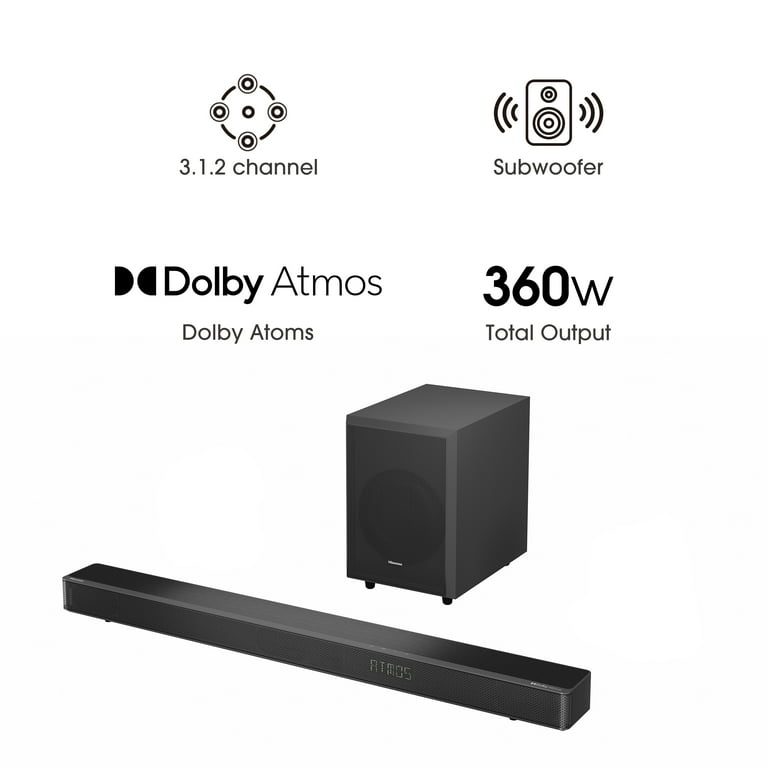 Hisense 3.1.2 Ch 360W Soundbar with Wireless Subwoofer* and Dolby Atmos (AX3120G) Hisense 3.1.2 Ch 360W Soundbar with Wireless Subwoofer* and Dolby Atmos (AX3120G)