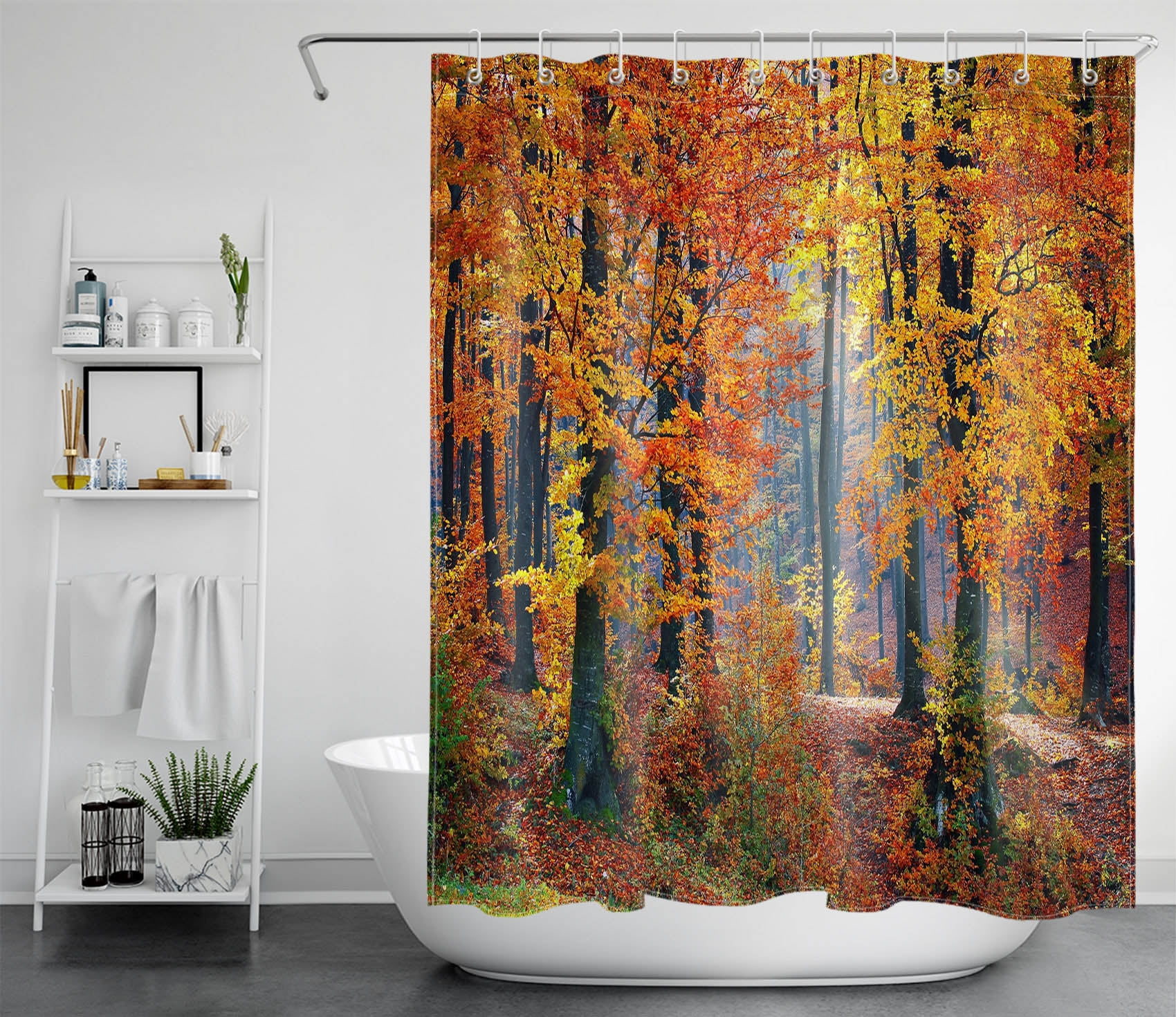 HVEST Fall Maple Shower Curtain, Autumn Natural Scenery Yellow Red Maple Leaves and Tree Lined Path Shower Curtain for Bathroom, Polyester Fabric Bath Curtain with Hook, 60X72 inch