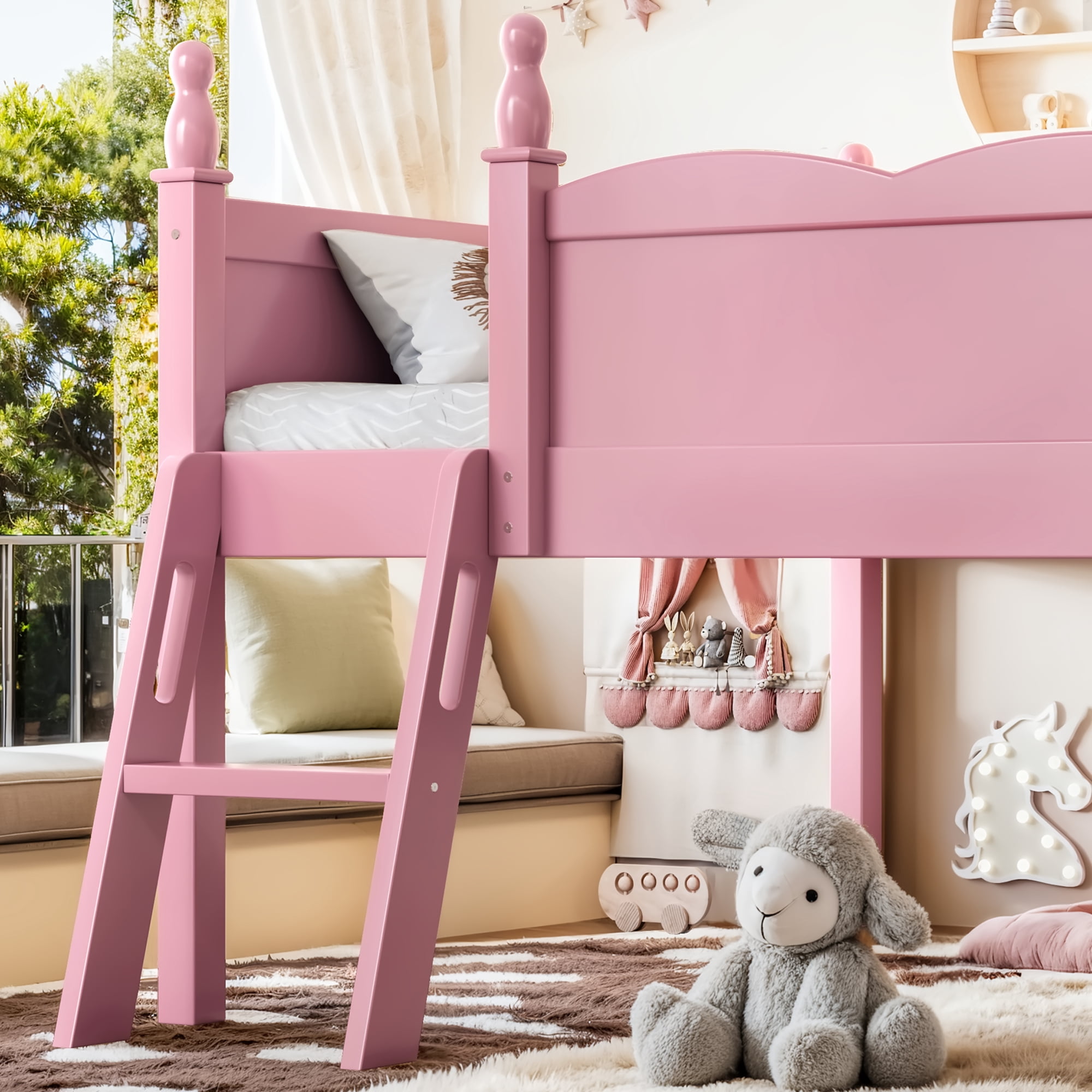 Safe Full Size Low Loft Bed with Full-Length Guardrails and Bookshelf, Solid Wood Bed with Ladder for Kids and Teens, Pink
