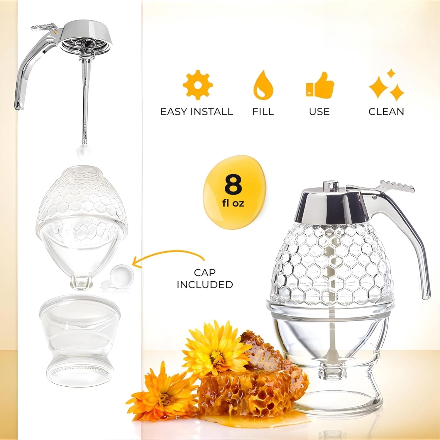 8oz No Drip Glass Honey Dispenser with Plastic Top - Honeycomb-Style Syrup Server and Bee-Themed Storage Jar with Stand - 6"