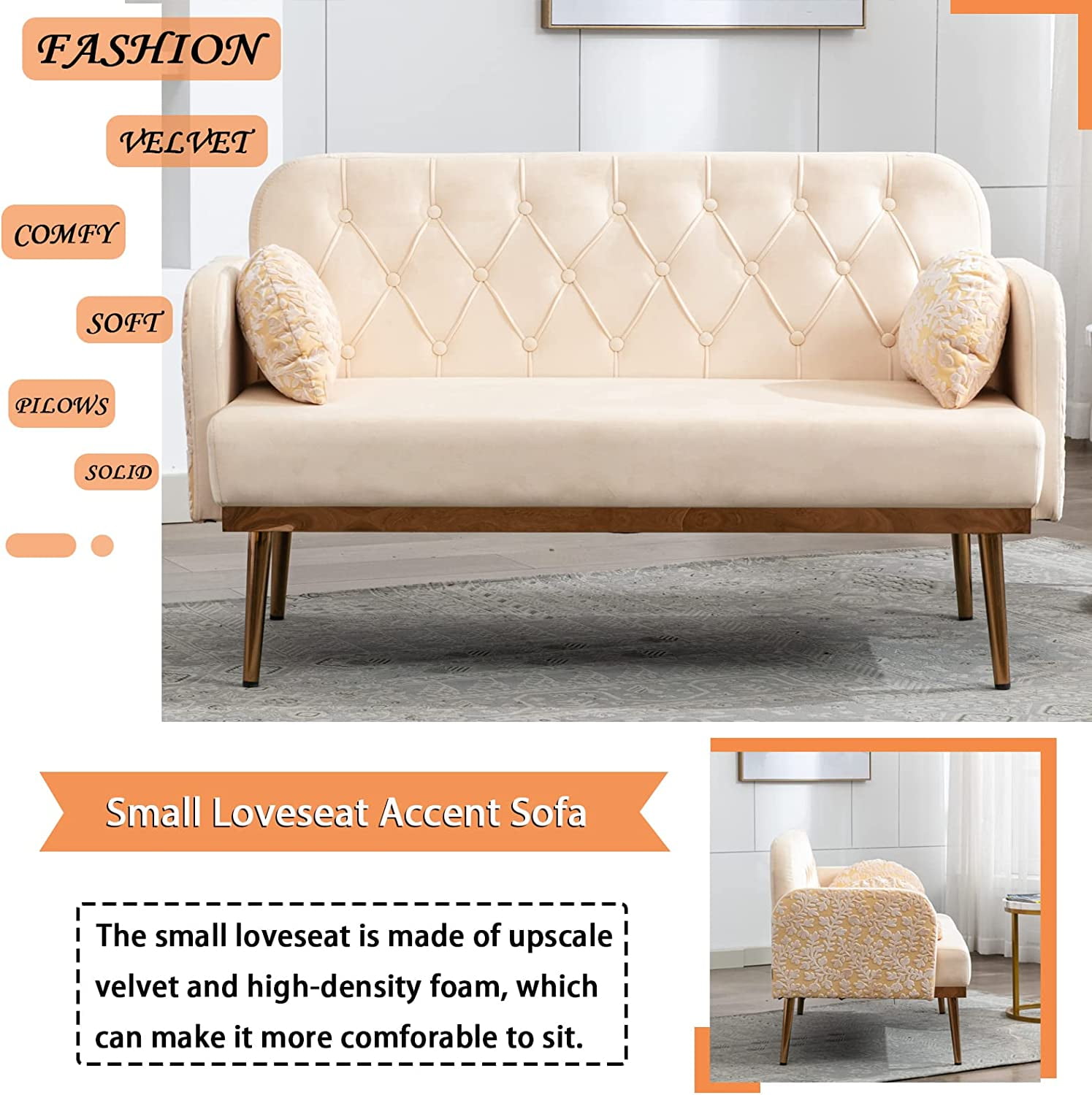 55 inch Small Velvet Couch with Elegant Moon Shape Pillows Twin